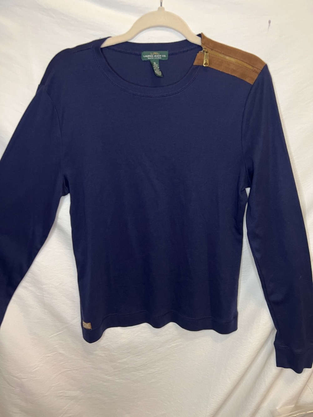 Lauren Ralph Lauren Navy Long Sleeve Tee with Tan Elbow Patches & Shoulder Zip